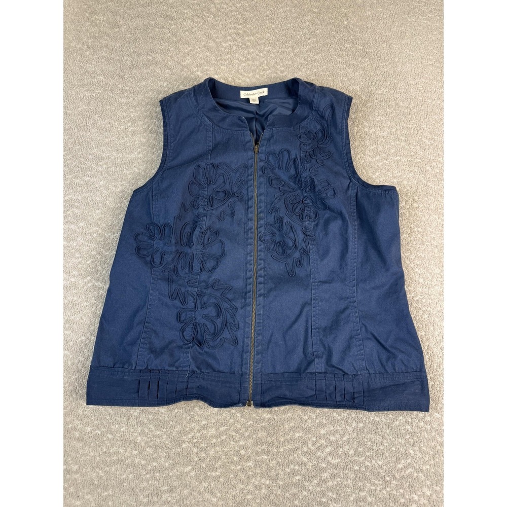 Coldwater Creek Vest Womens 14 Blue Embroidered Floral Zip Front Collarless